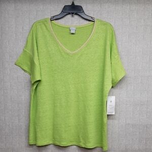 Chico's Lime Green V-Neck Sweater Trim Linen Short Sleeve Top - NWT